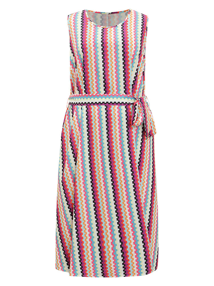Rainbow Geometric Print Ruffle Hem Pocket Belt Tank Dress