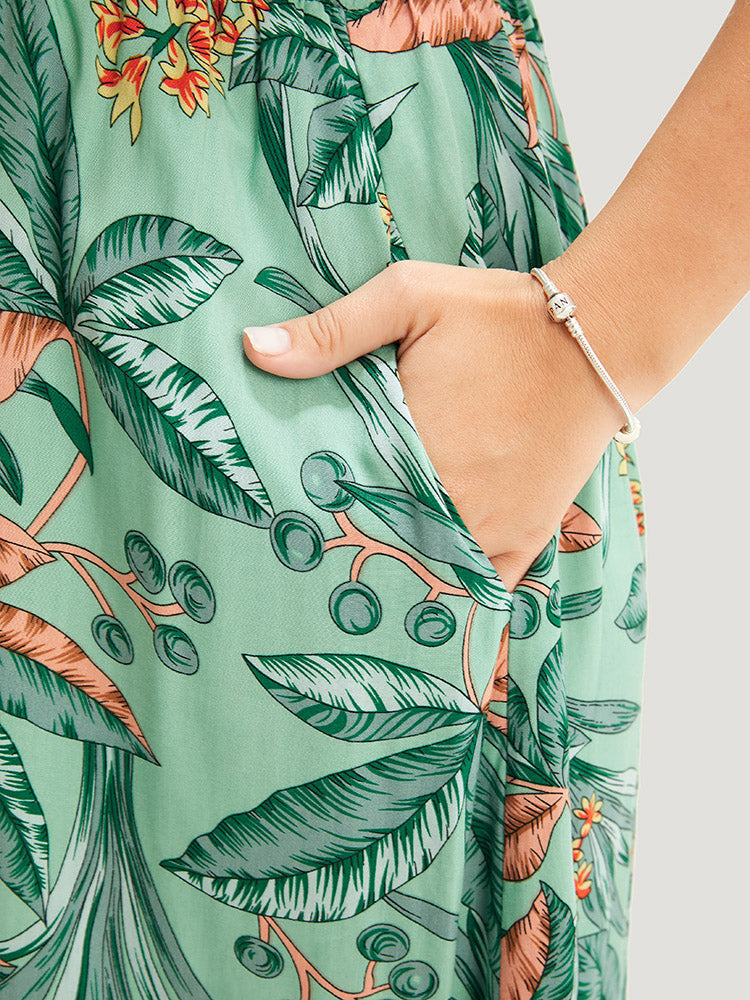 Floral Print Wrap Ruffle Hem Pocket Spaghetti Strap Maxi Dress