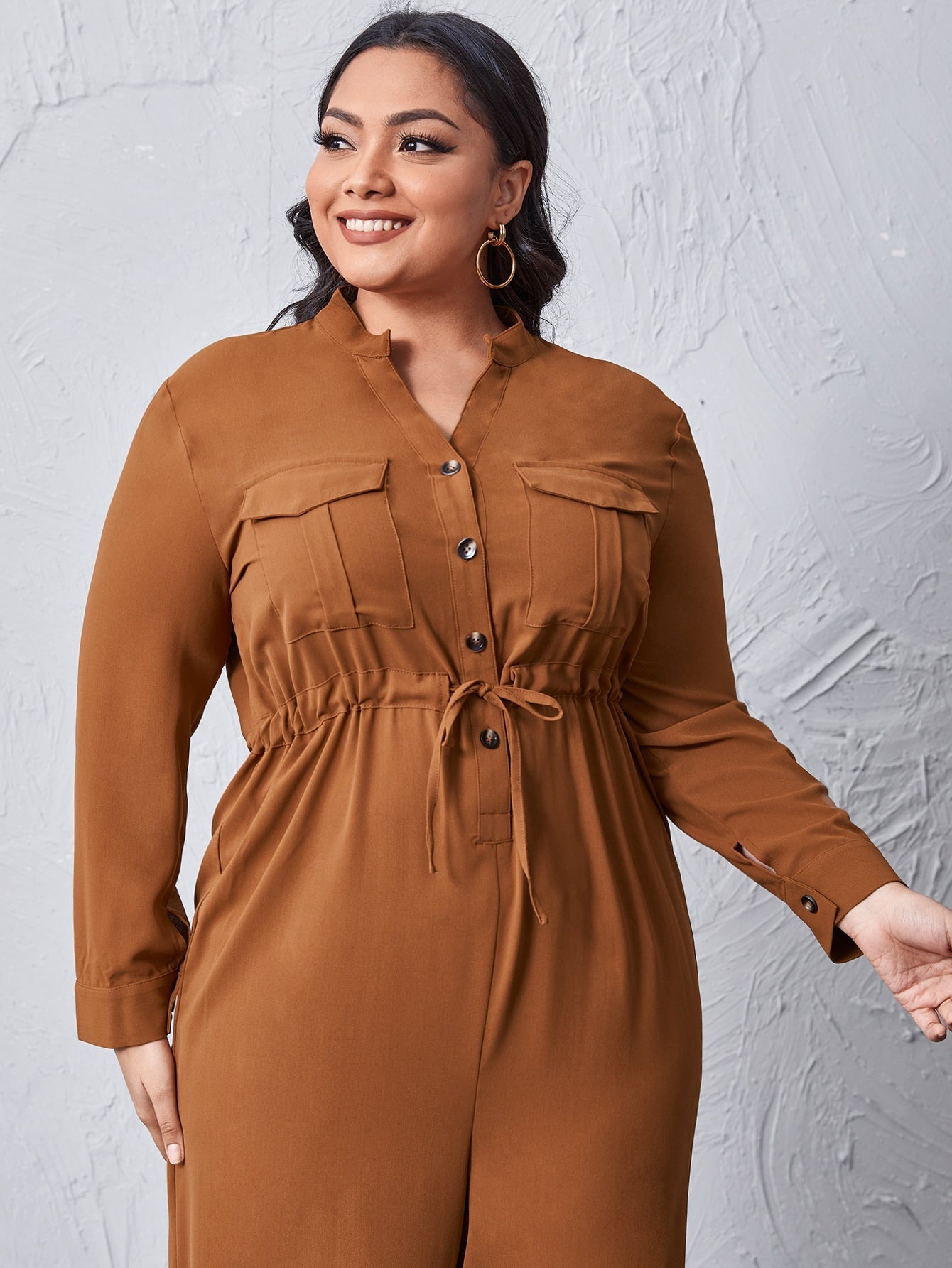 Drawstring Waist Wide-leg Shirt Jumpsuit