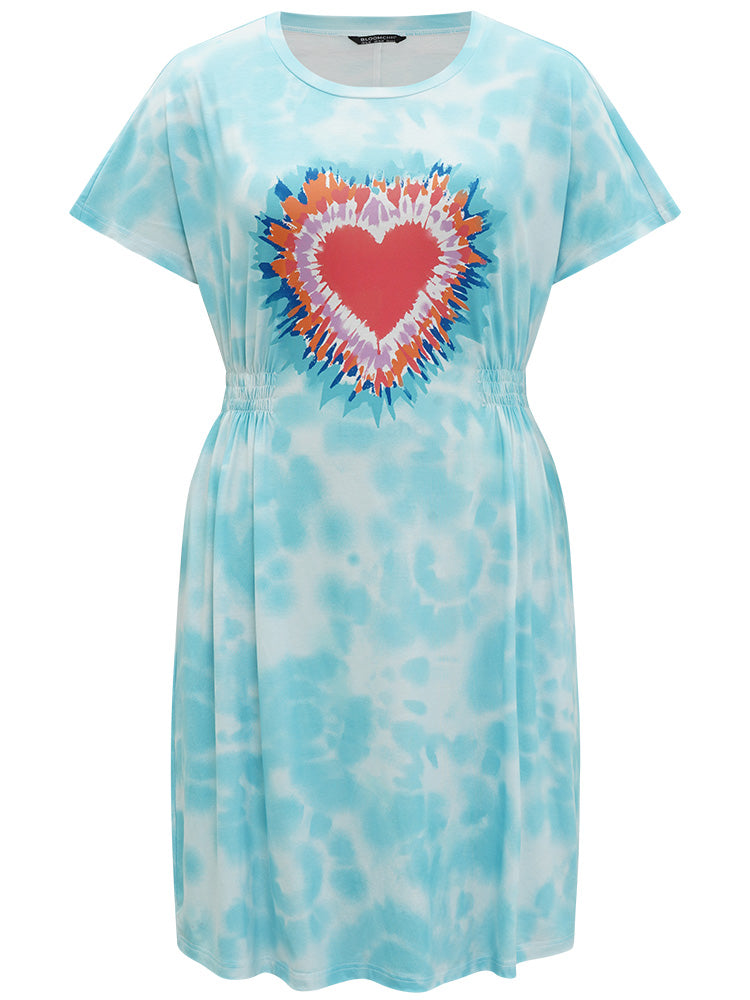 Tie Dye Heart Print Shirred Batwing Sleeve Dress