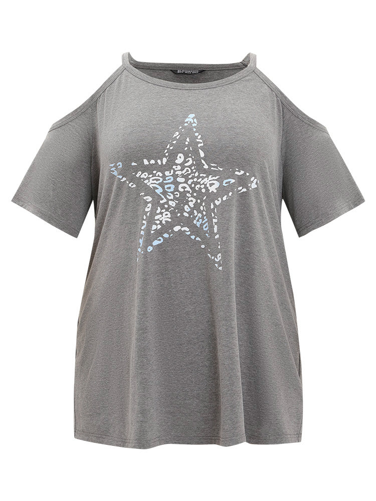 Star Leopard Cold Shoulder Heather T-shirt