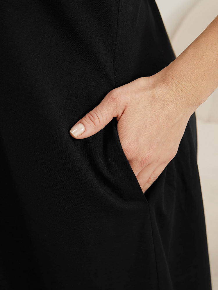 Plain V Neck Sleeveless Pocket Lace Insert Night Dress