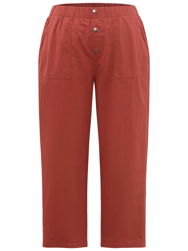 Plain Button Up Pocket Straight High Rise Leg Pants