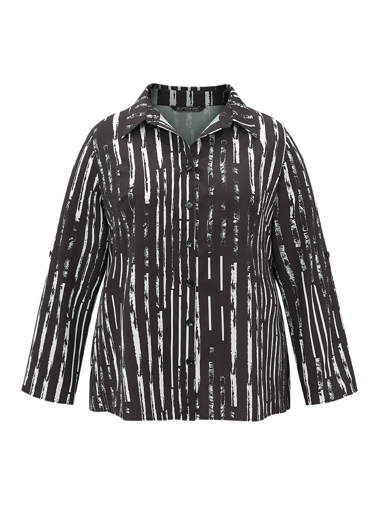 Shirt Collar Striped Tab Sleeve Blouse