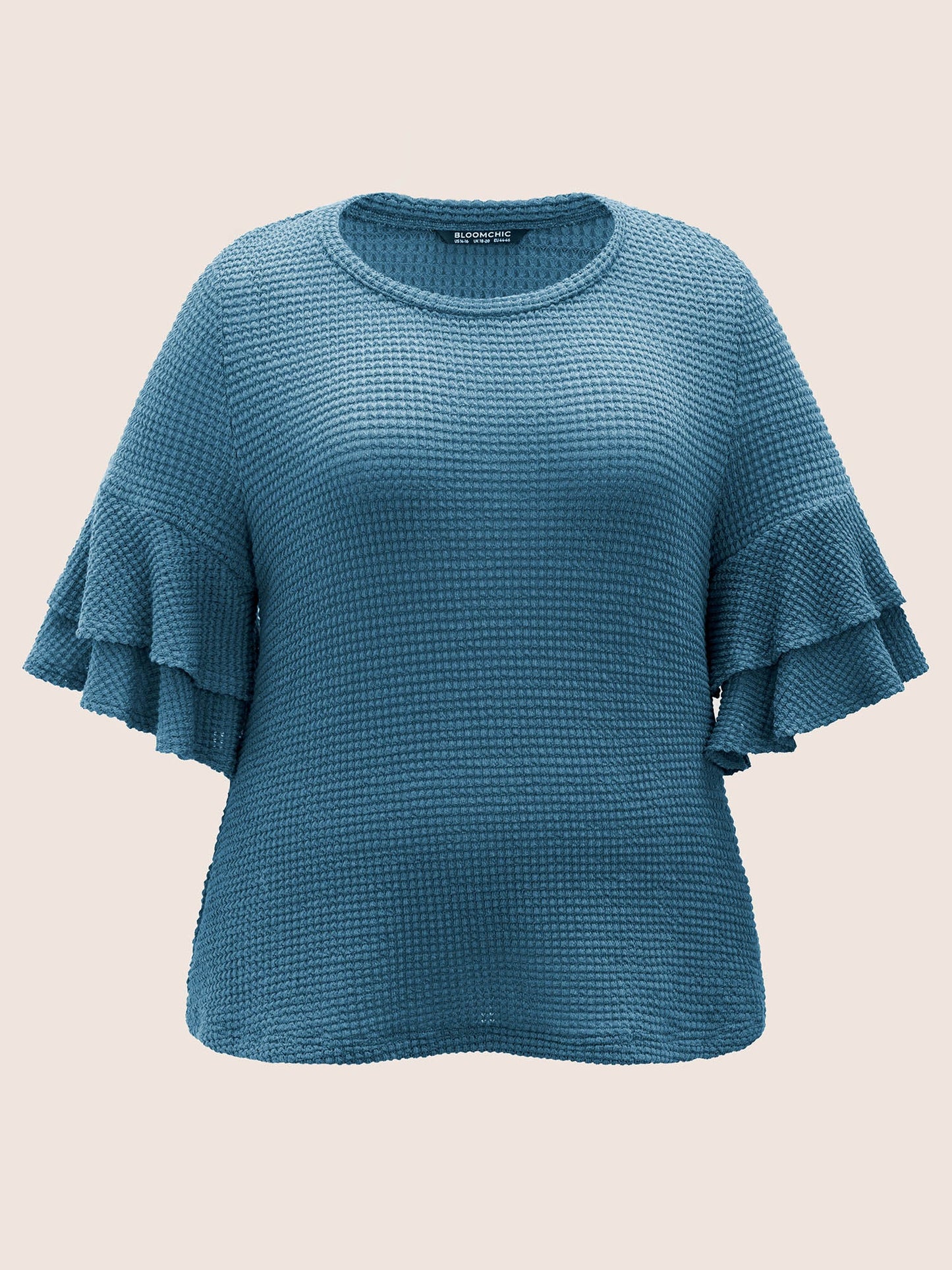 Solid Waffle Knit Tiered Flutter Sleeve T-shirt