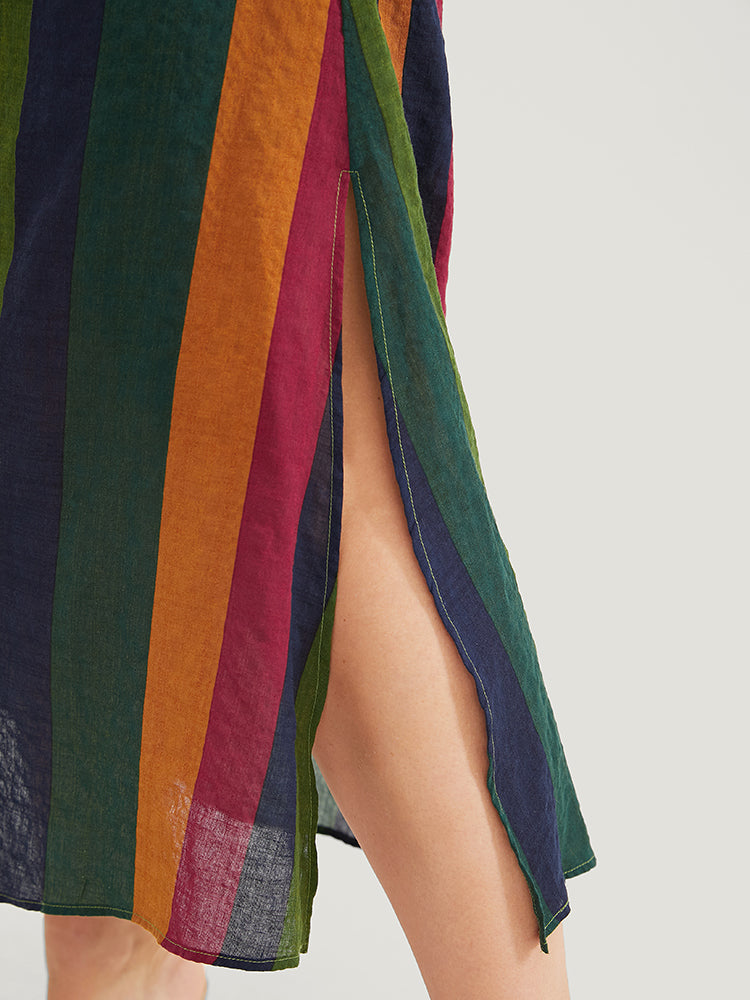 Striped Contrast Ruffles Adjustable Straps Pocket Shirred Split Cami Dress