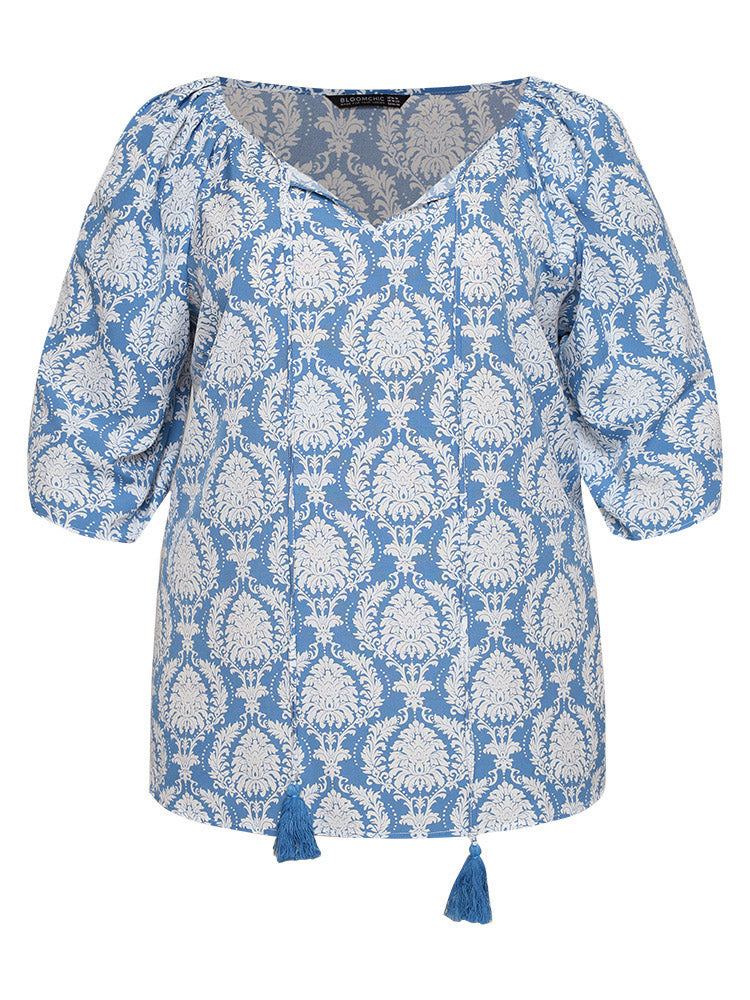 Boho Print Knot Neck Tassels Puff Sleeve Blouse