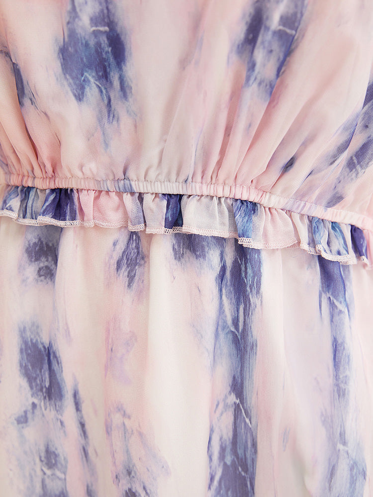 Tie Dye Contrast Split Pocket Frill Trim Cami Dress