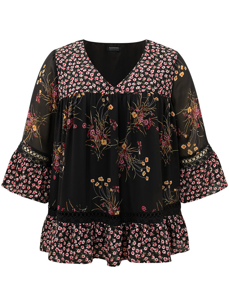 Floral Print V Neck Cut Out Ruffle Sleeve Blouse