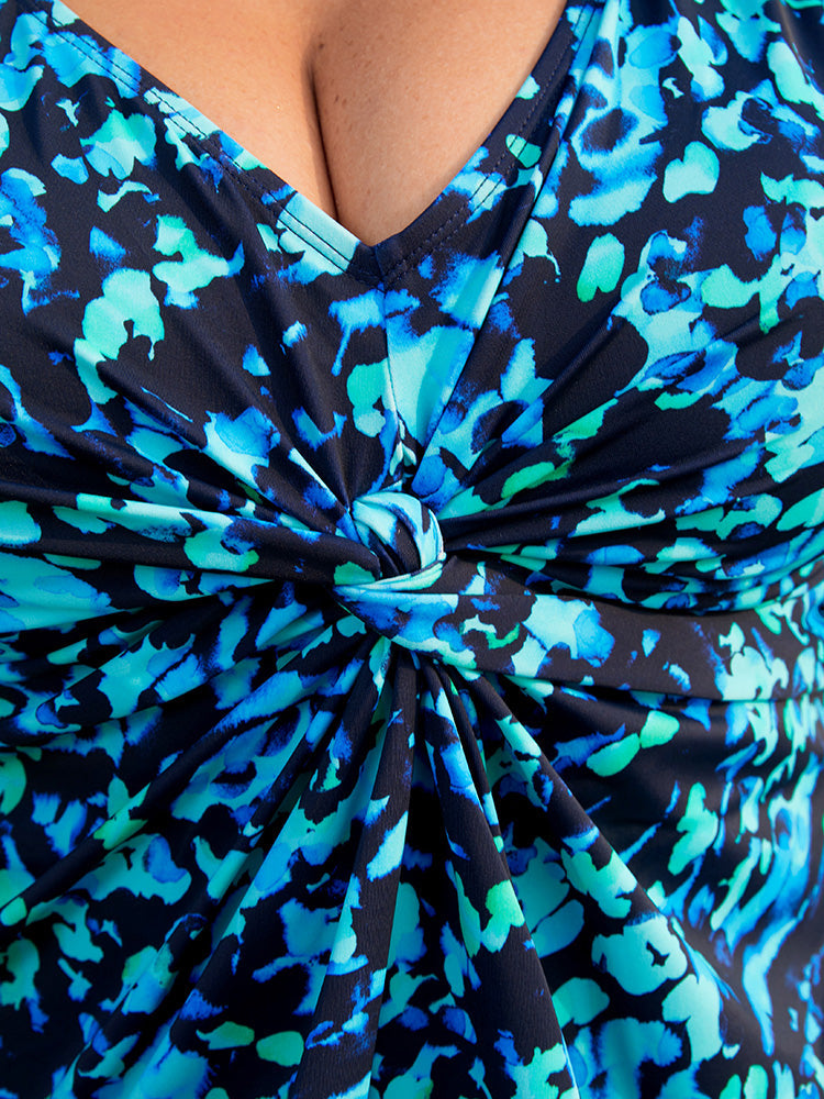 Allover Print Twist Front Contrast Swim Dress