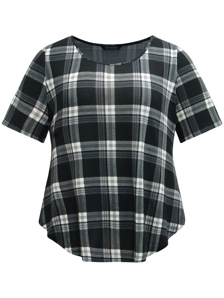 Plaid Contrast Crew Neck Curved Hem T-shirt
