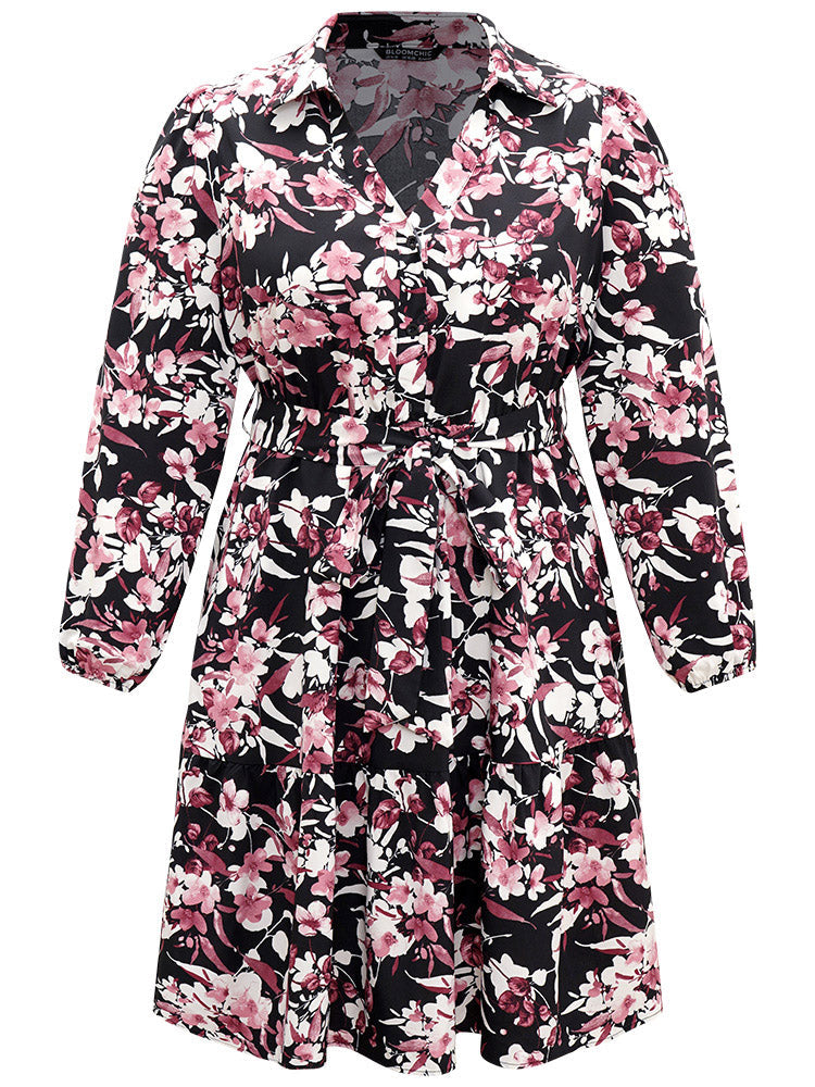 Floral Print Belted Shirt Collar Dress