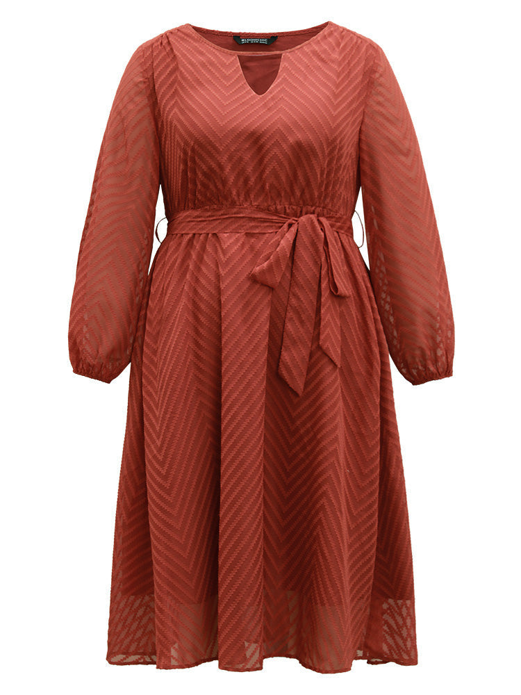 Plain Mesh Texture Keyhole Belted Lantern Sleeve Dress