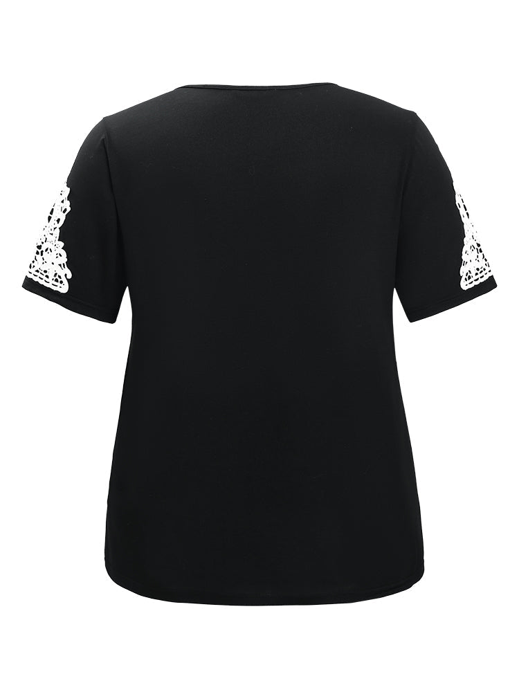 Plain Contrast Lace V Neck T-shirt