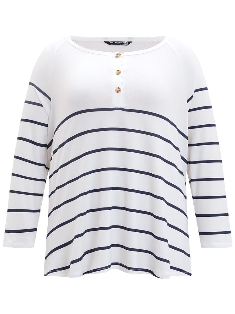 Striped Patchwork Button Through Raglan Sleeve T-shirt
