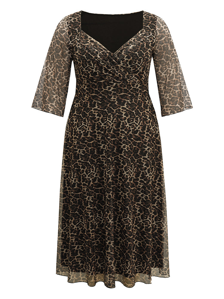 Leopard Print Mesh Patchwork V Neck Dress