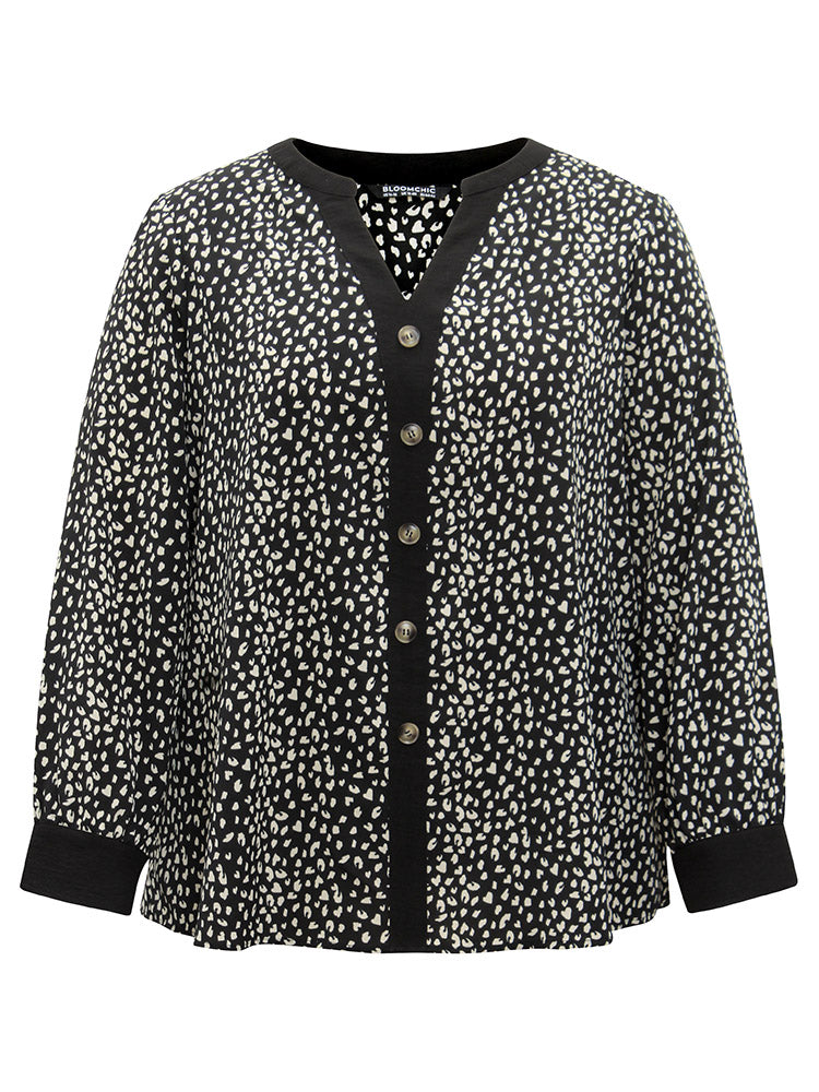 Leopard Print Button Through Notched Blouse