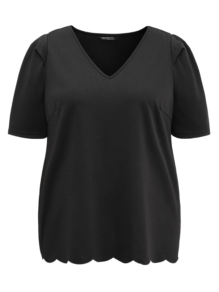 Plain Puff Sleeve Scalloped Trim Blouse