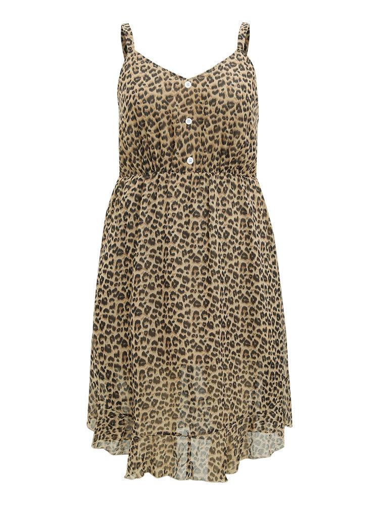Leopard Print Button Detail Pocket Arc Hem Cami Dress