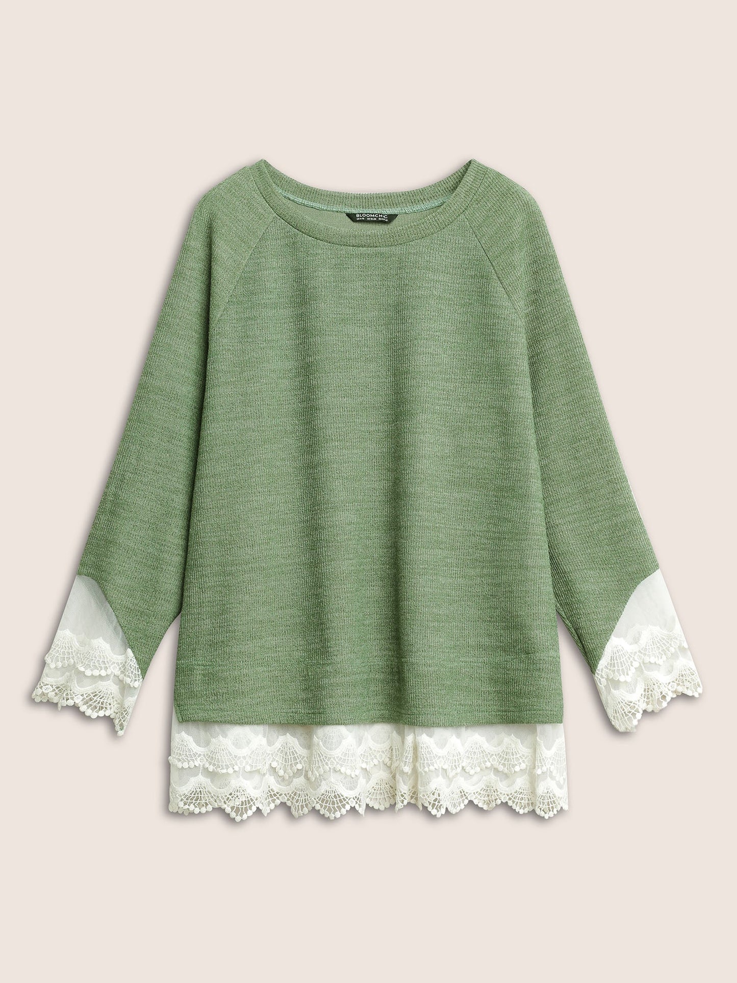 Guipure Lace Raglan Sleeve Plisse Sweatshirt