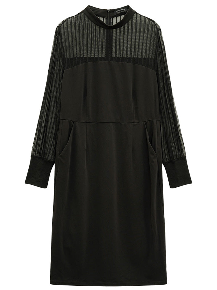 Mock Neck Cut Out Patchwork Mesh Dress