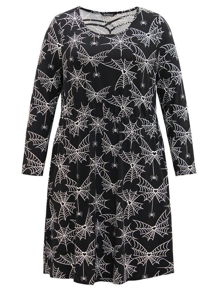Halloween Print Pocket Elastic Waist Crisscross Dress