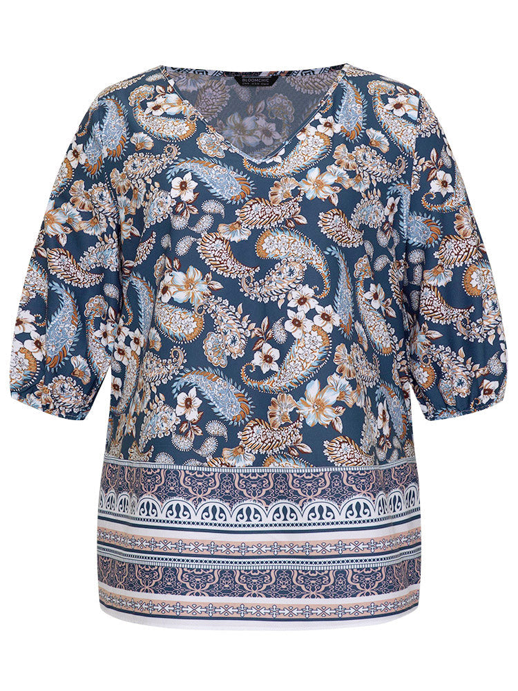 Paisley Print Patchwork V Neck Blouse