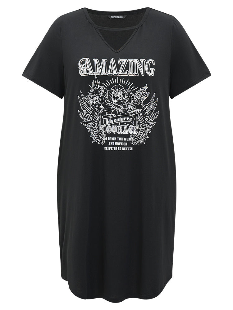 Graphic & Letter Print Pocket Cut Out Dress