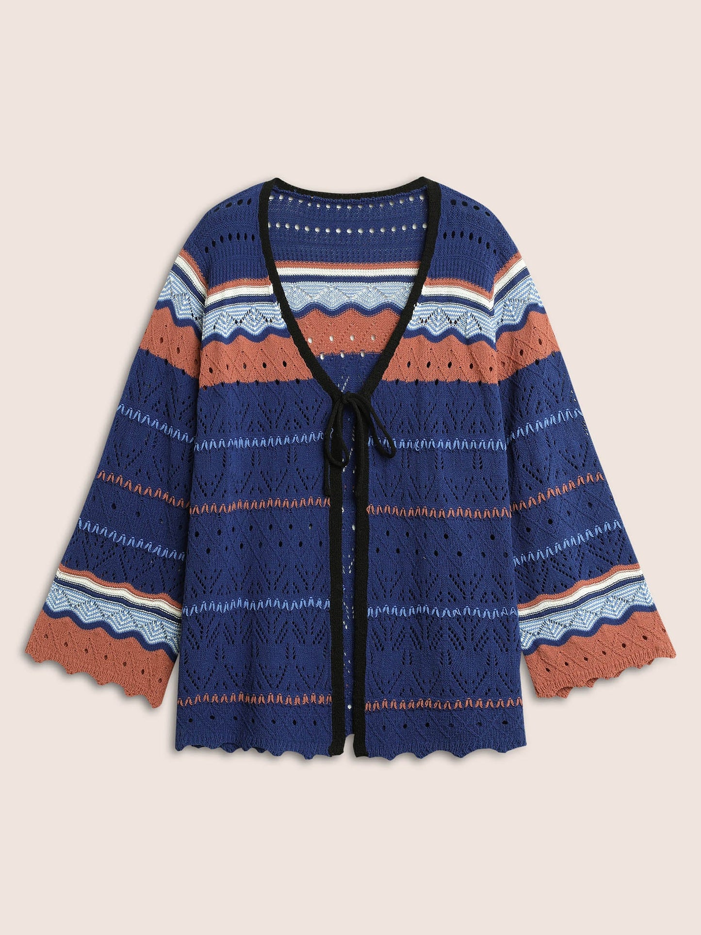 Contrast Texture Hollow Out Ties Cardigan