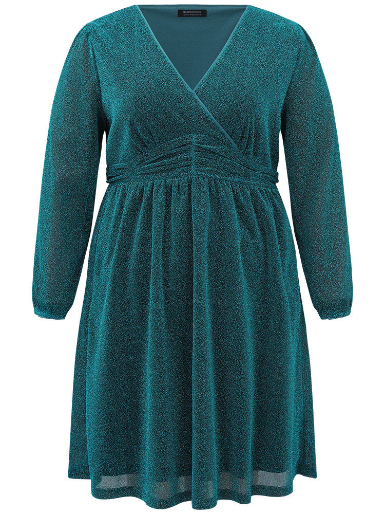 Glitter Overlap Collar Pocket Ruched Dress