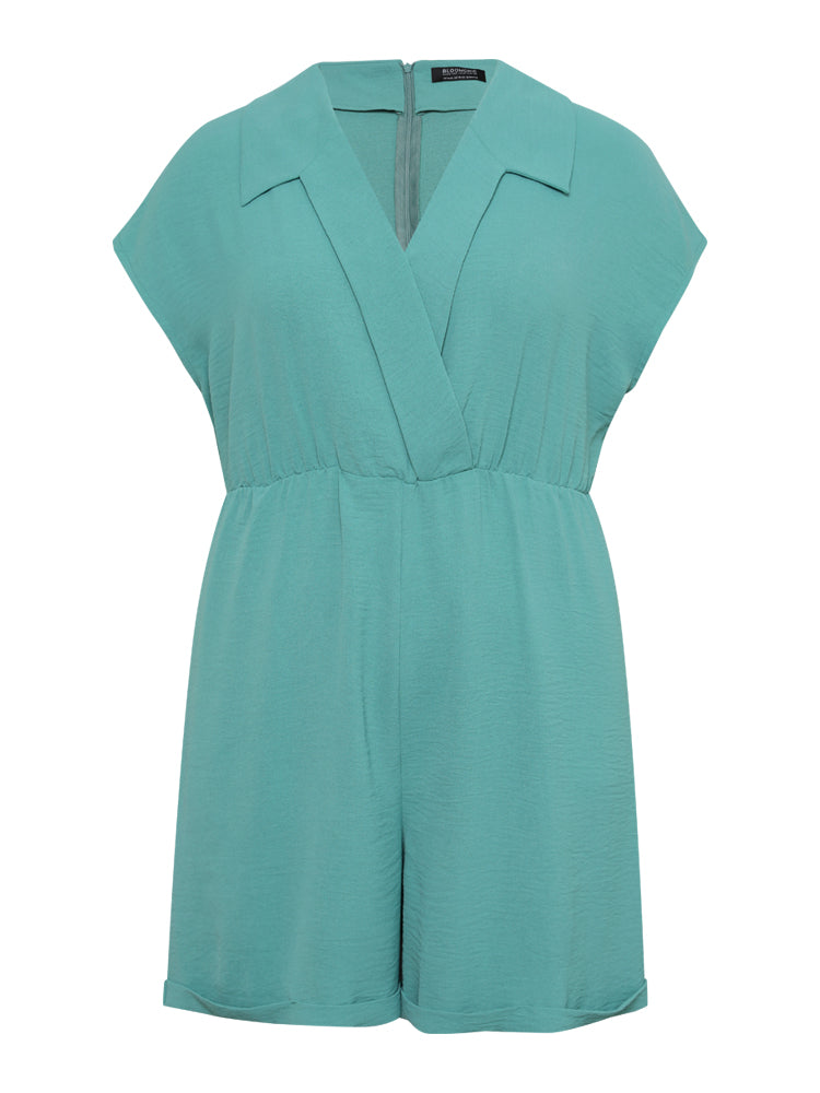 Plain Lapel Collar Batwing Sleeve Wrap Pocket Zip Romper