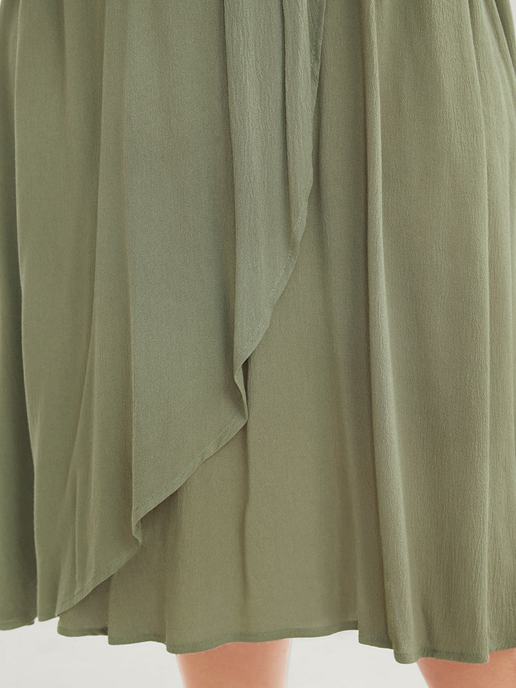 Solid Surplice Neck Pocket Ruffle Trim Dress