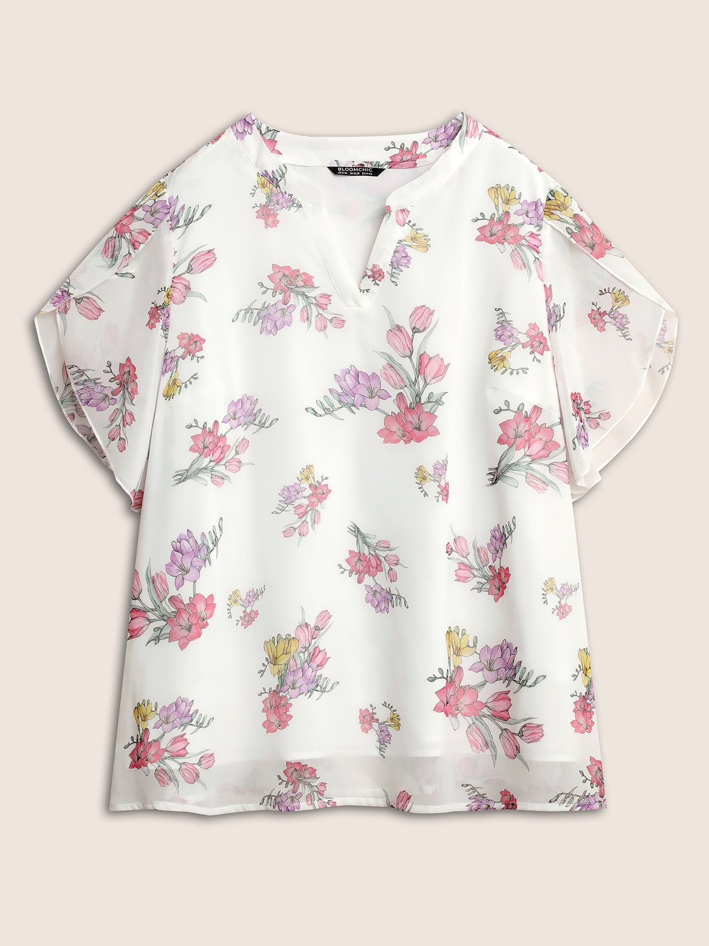 Floral Notched Mesh Petal Sleeve Blouse