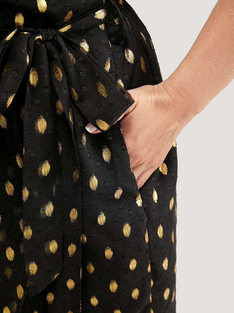 Polka Dot Ruffle Trim Mesh Pocket Belt Asymmetrical Neck Dress