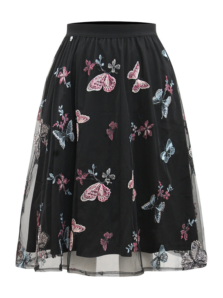 Butterfly Embroidered Mesh Elastic Waist Skirt
