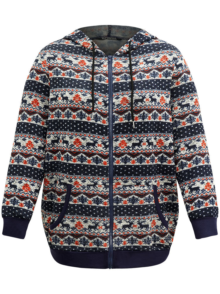 Christmas Elk Zipper Hooded Drawstring Sweatshirt