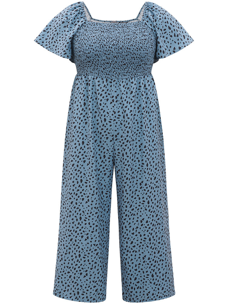 Leopard Print Square Neck Shirred Flutter Sleeve Jumpsuit