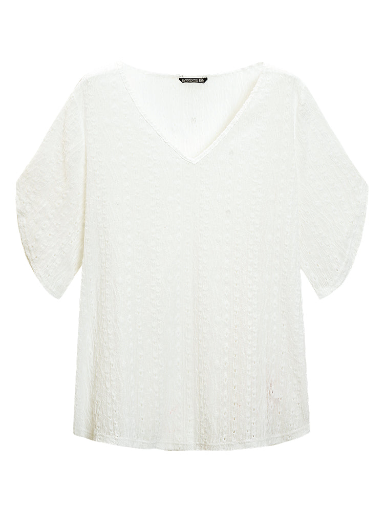 Plain Split Sleeve Eyelet Textured T-shirt