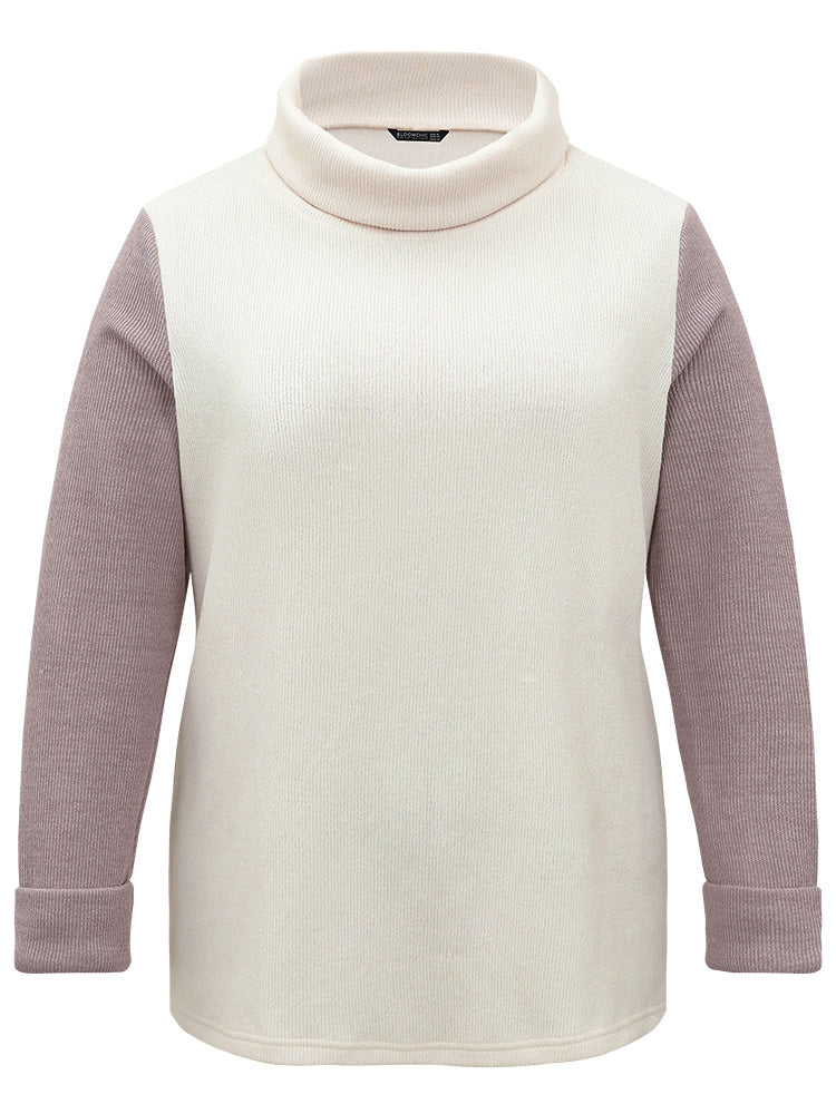Two Tone Turtle Neck Patchwork Sweatshirt