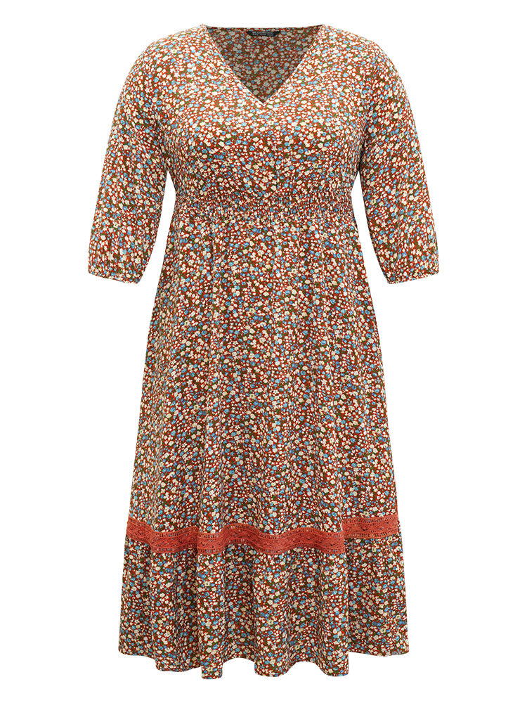 Ditsy Floral Guipure Lace Shirred Dress