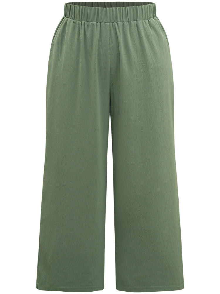 Solid Straight Leg Elastic Waist Woven Pants