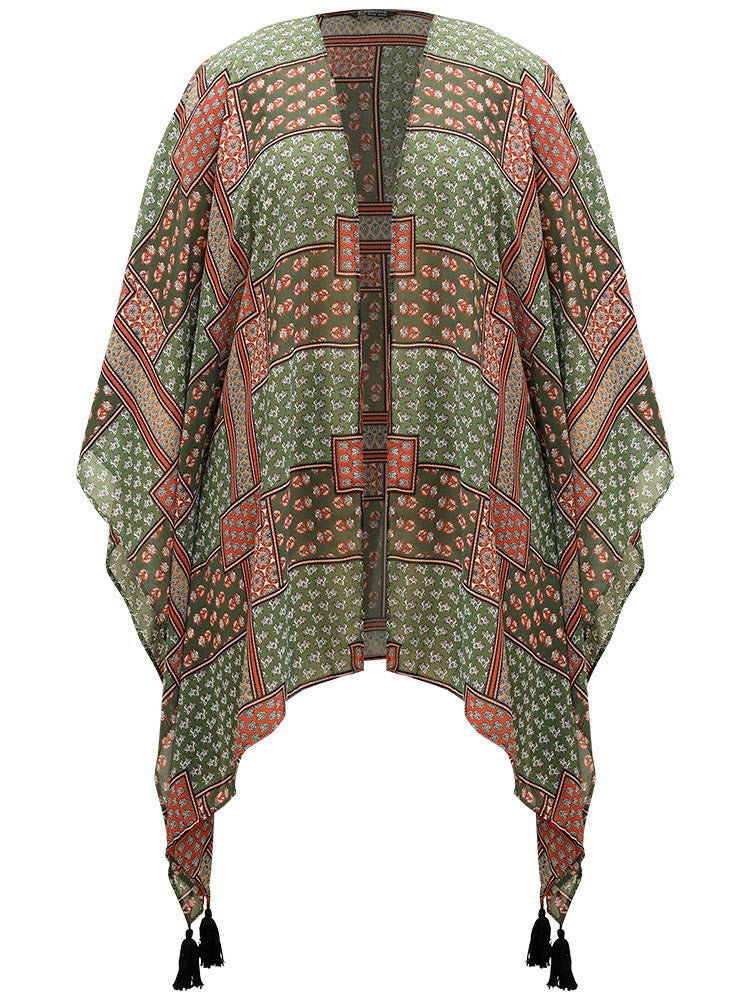 Bandana Print Tassels Trim Asymmetrical Hem Kimono
