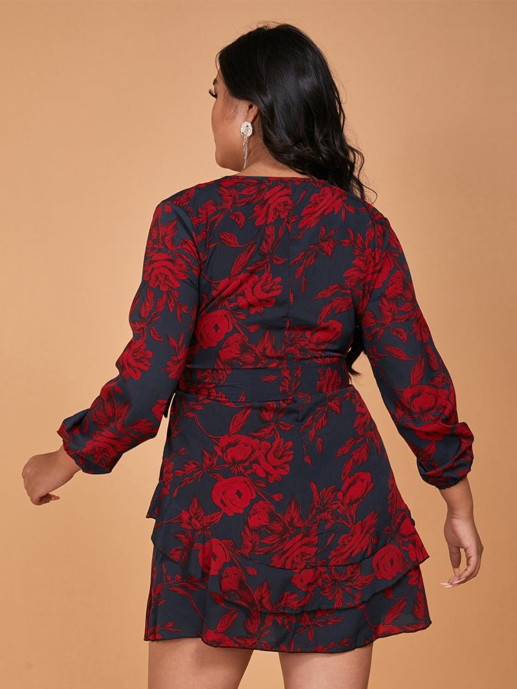 Floral Print Ruffles Tie Dress