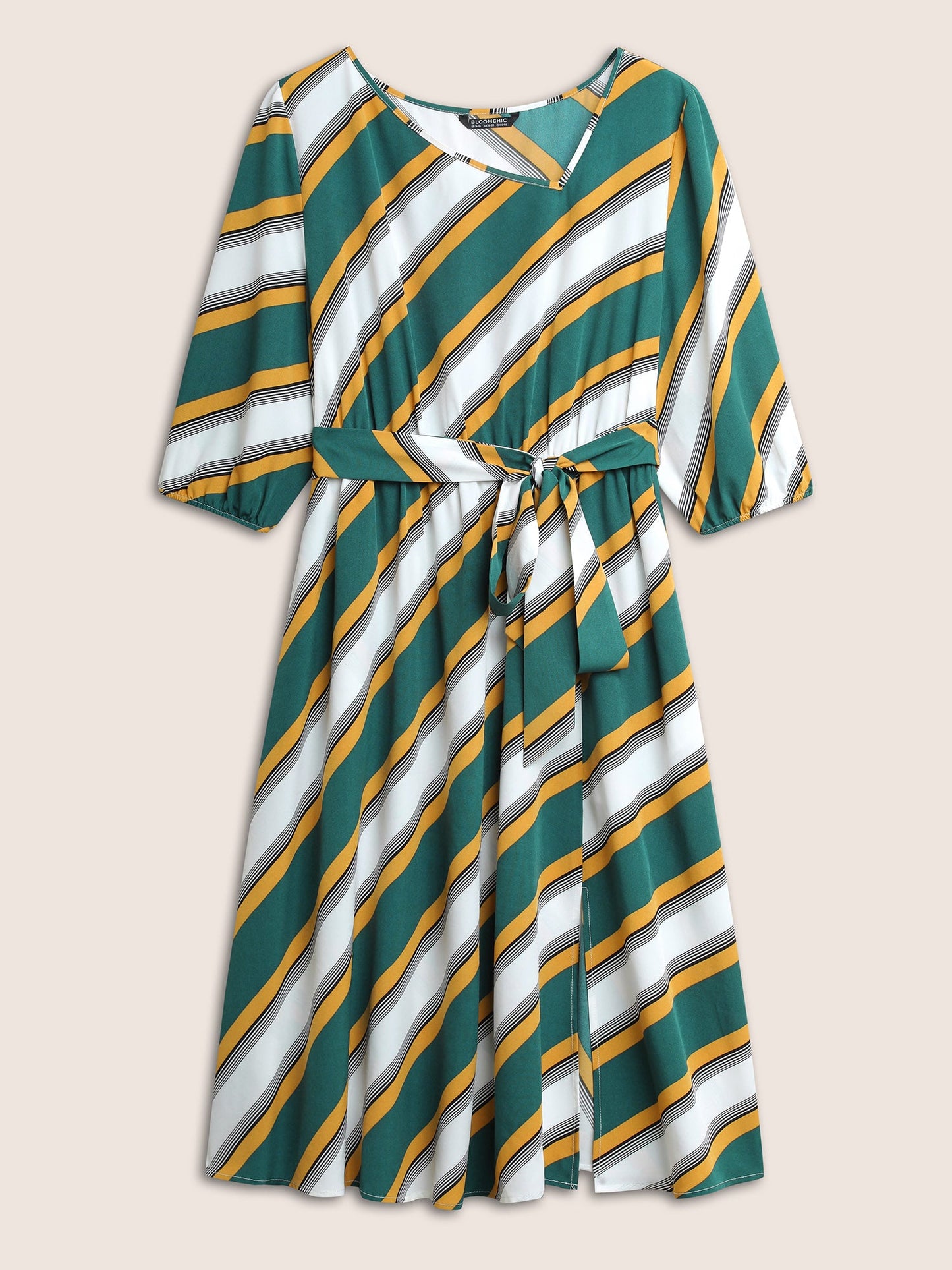 Striped Contrast Asymmetrical Neck Belted Dress