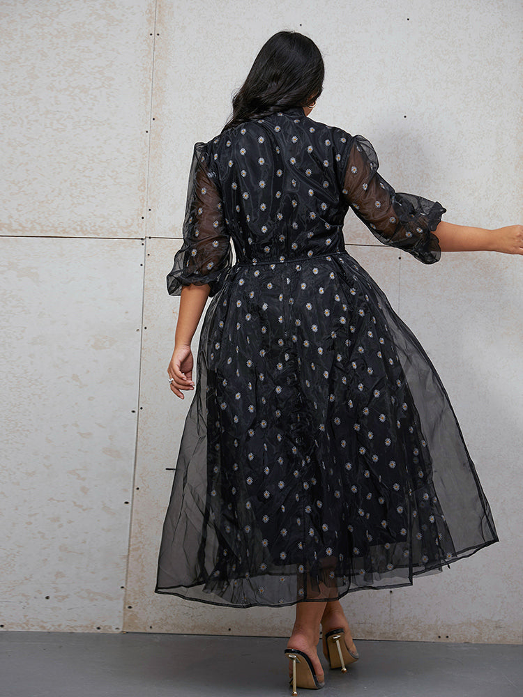 Daisy Embroidered Mesh Tie Neck Dress