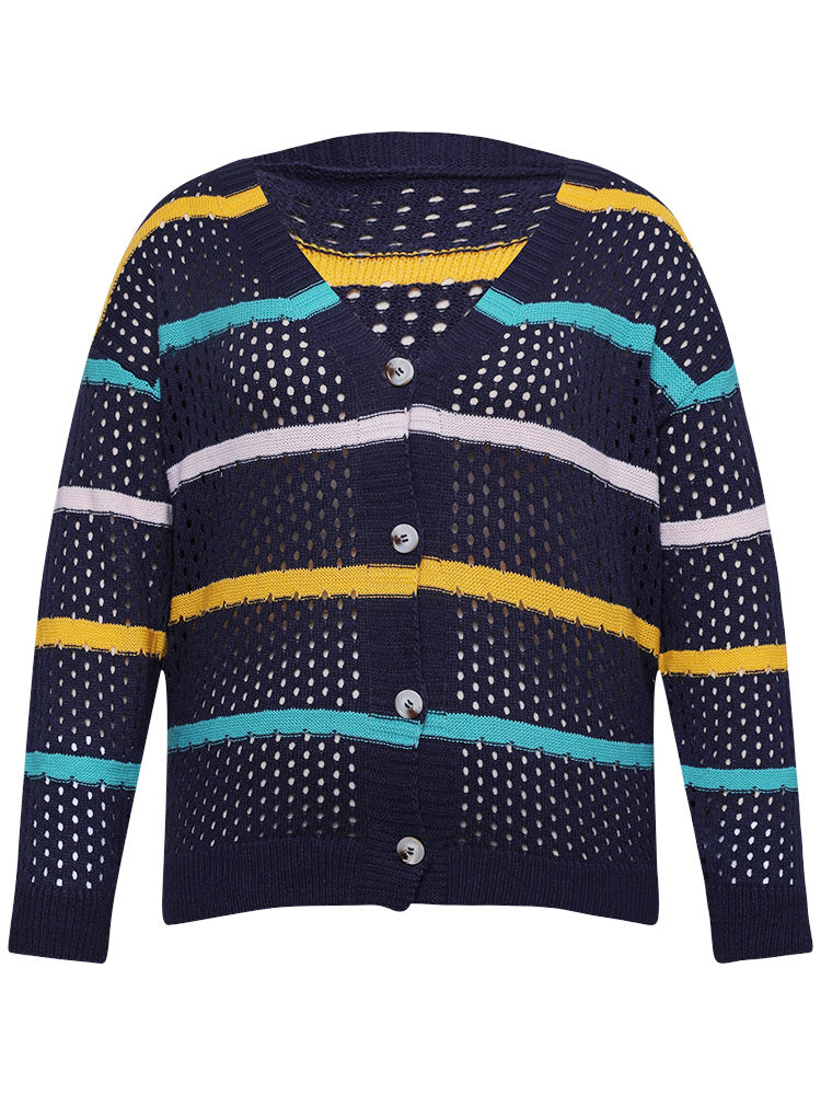 Contrast Striped Button Through Hollow Out Cardigan
