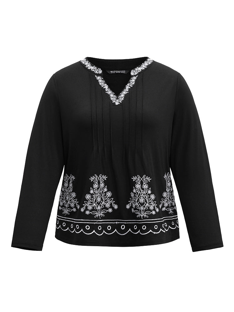 Floral Embroidered Notched Pleated T-shirt