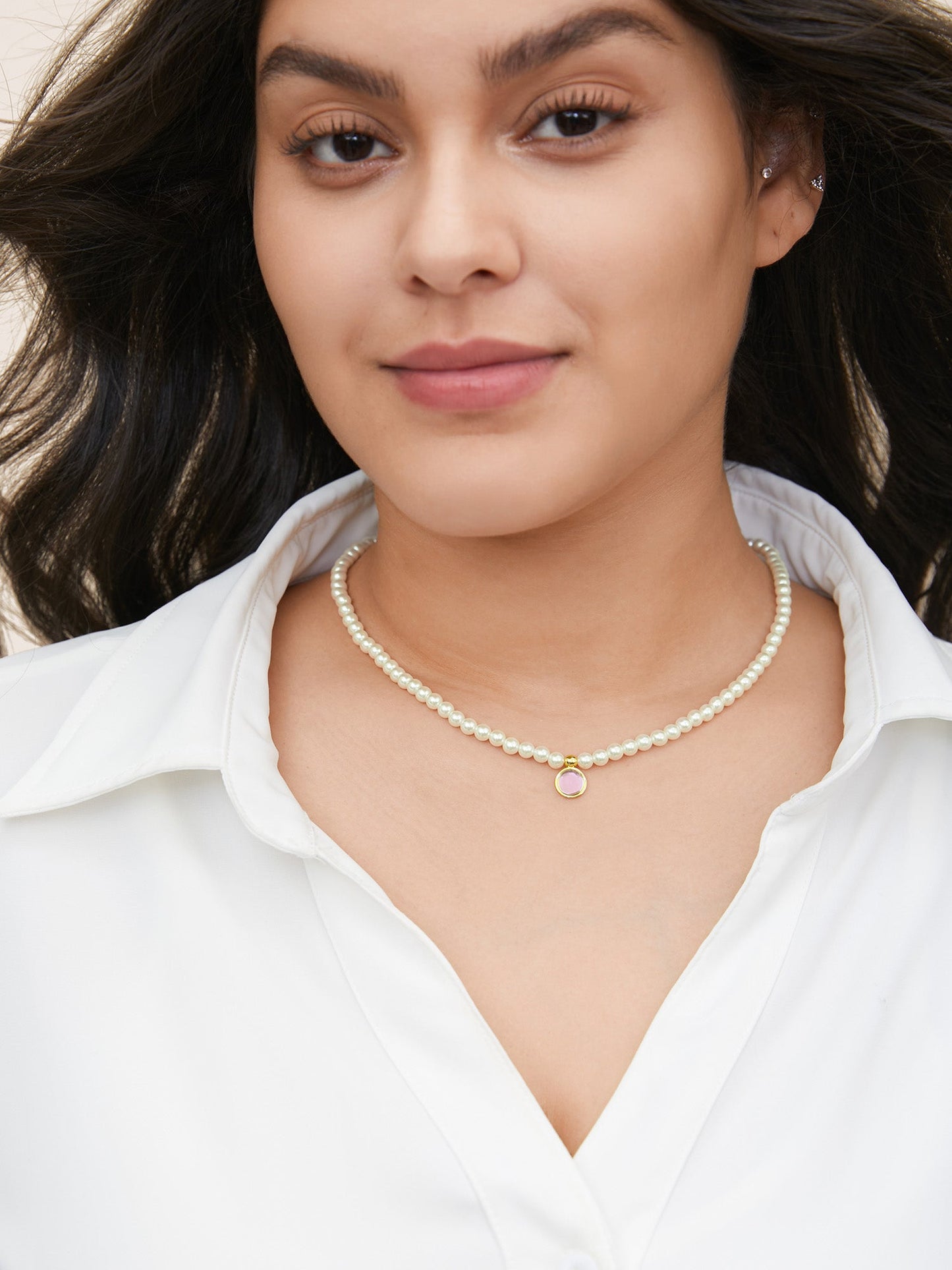 Pearl Beaded Pink Crystal Charm Necklace