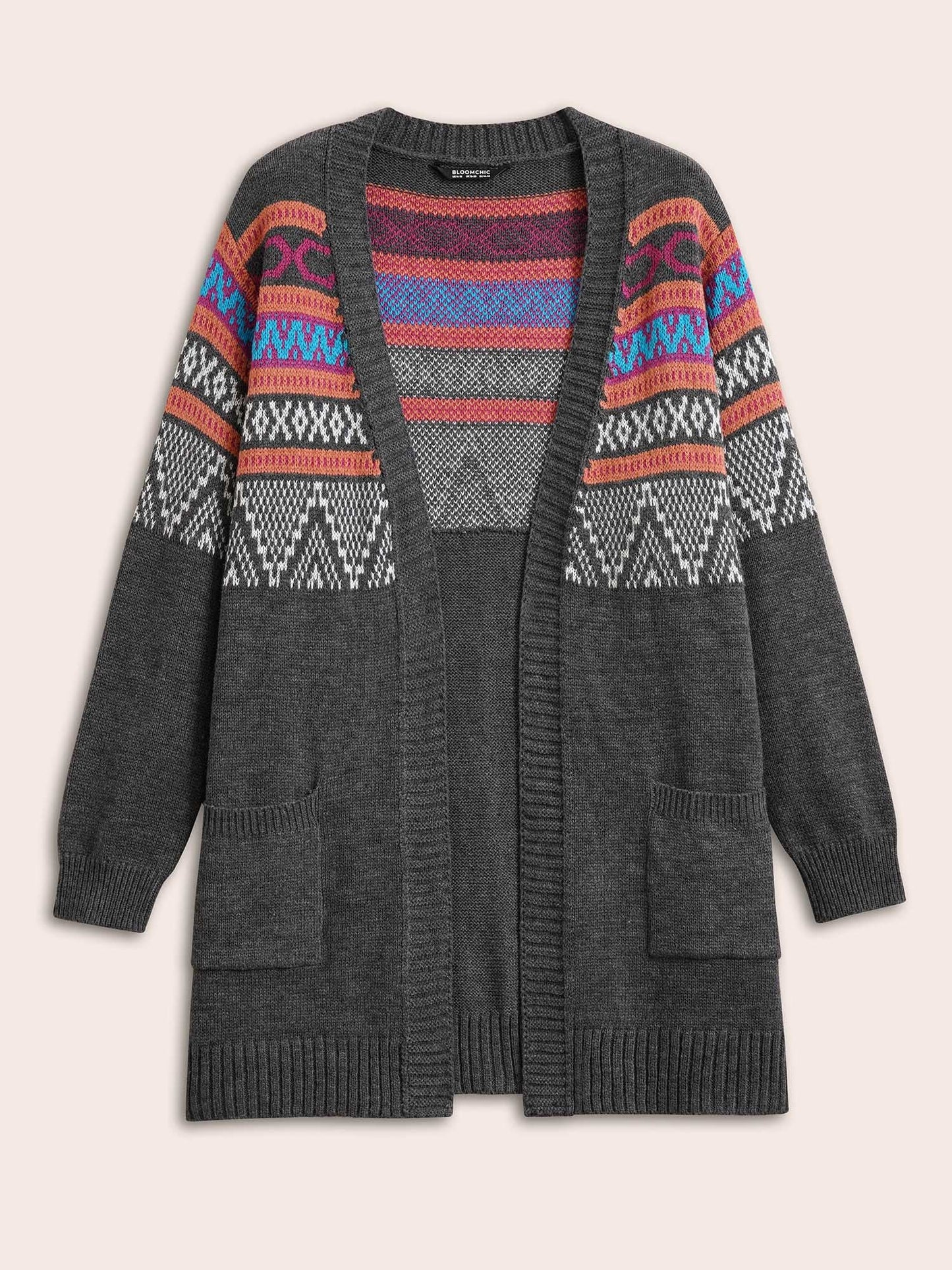 Boho Contrast Jacquard Patched Pocket Cardigan