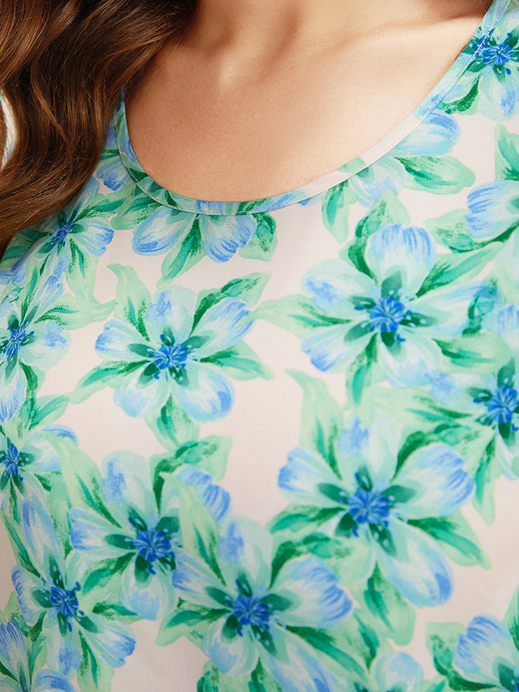 Floral Crew Neck Ruffle Tiered Sleeve Blouse